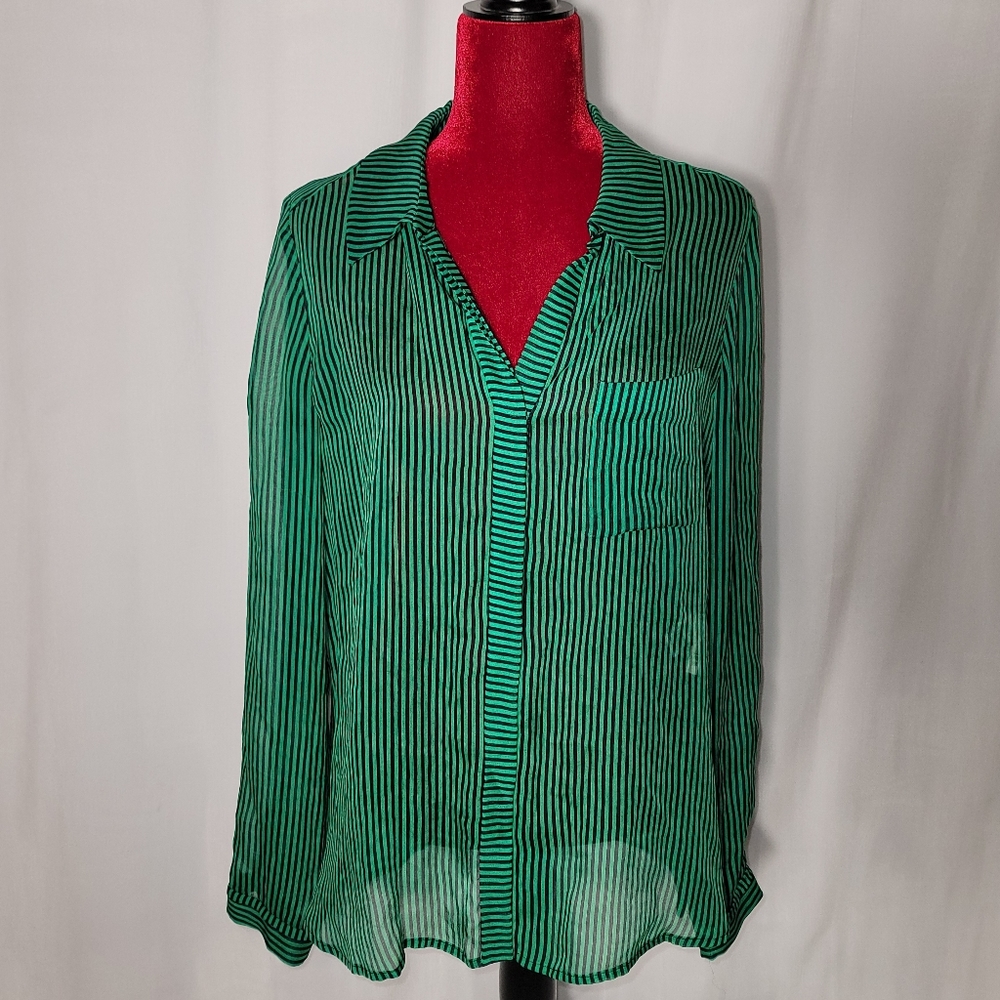 NWT Diane Von Furstenberg 100% Silk Green & Black Stripe Button Down Shirt Sz 12